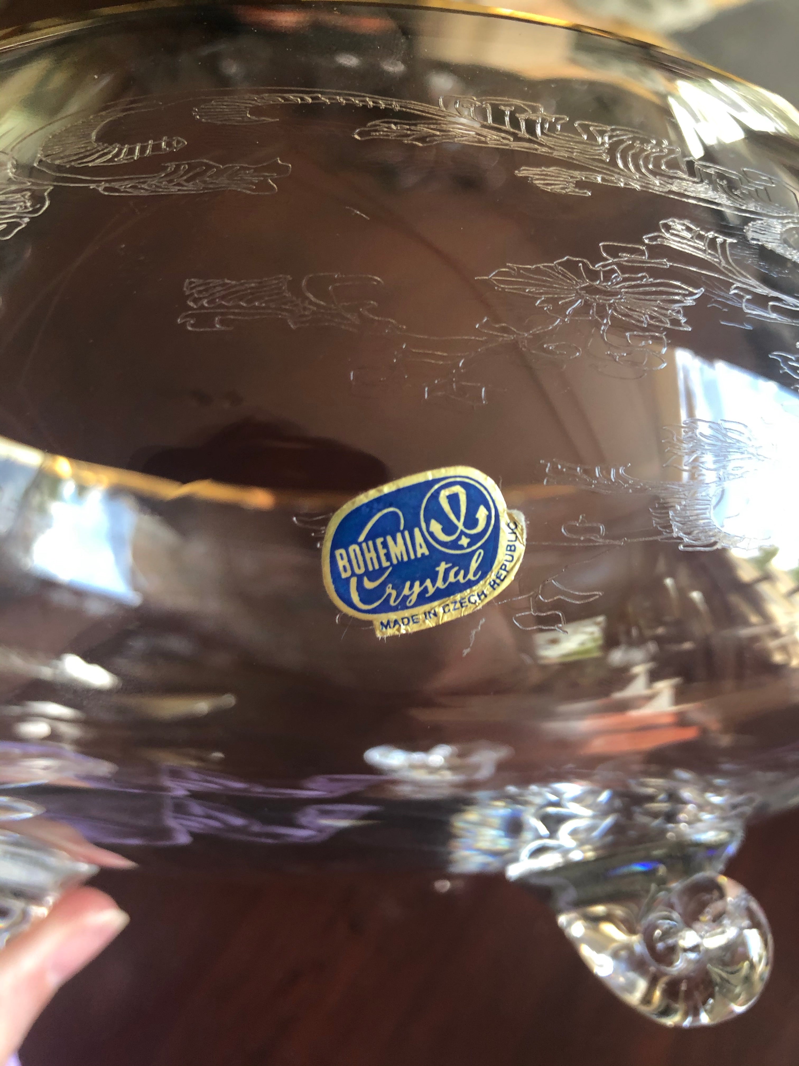 Vintage Czech Bohemia Crystal Etched Footed Bowl w/ gold trim