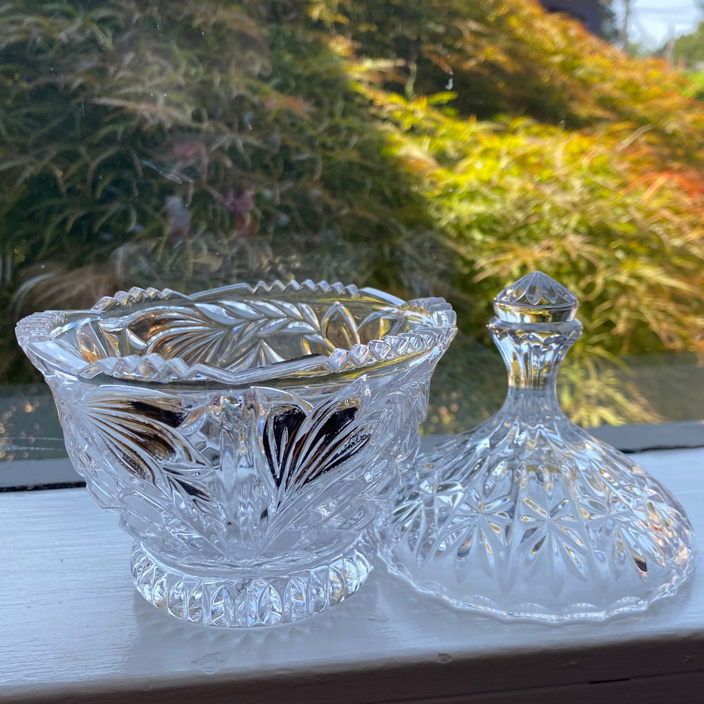 Vintage Cut Crystal Lidded Dish w/ Highlighted Gold