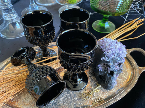 Vintage Tiara Cameo Black Indiana Glass Diamond Point Goblets