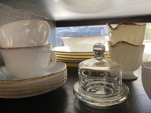 Anchor Hocking Fire King Serving Bowl Milk Glass w/ Gold Fade Edge 8.25"