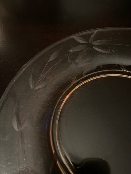Pink Depression Glass Dessert Plate w/ Etched flower and Leafy Vines