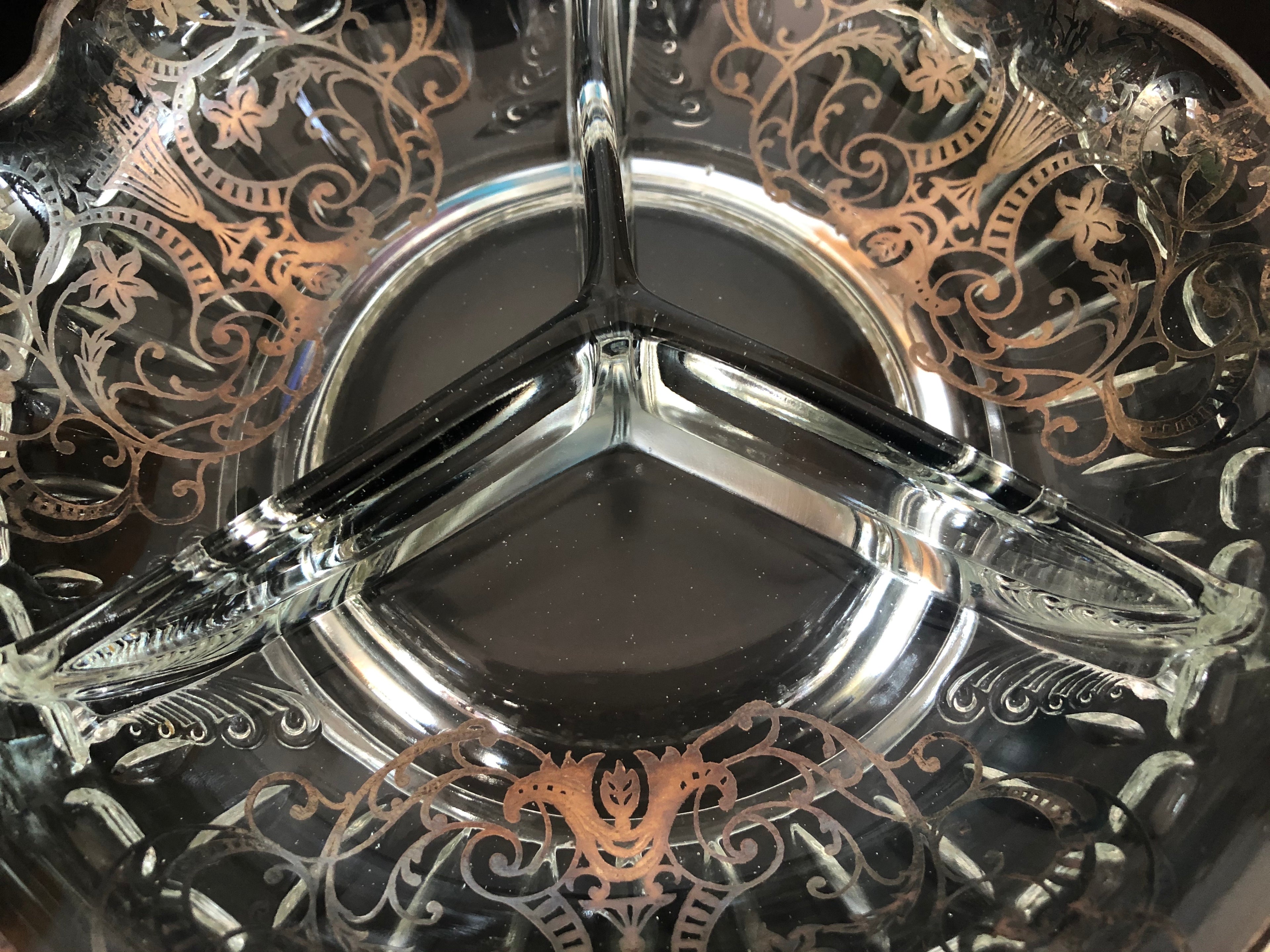 Cambridge Glass Scalloped divided bowl w/ Silver Overlay