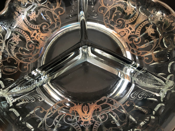 Cambridge Glass Scalloped divided bowl w/ Silver Overlay