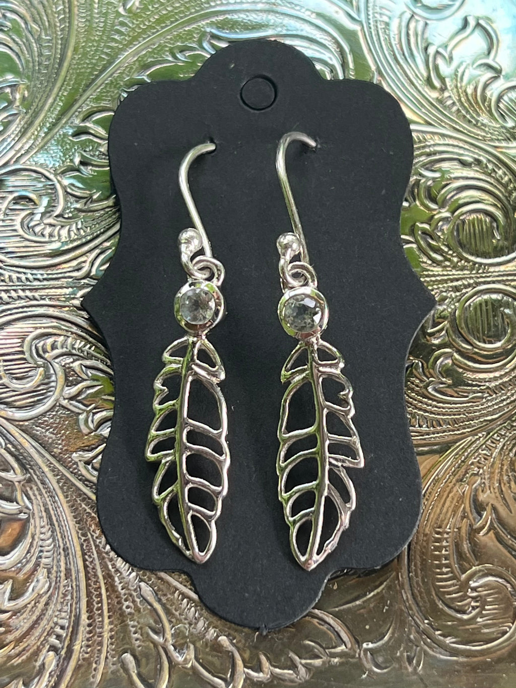 Silver Feather Earrings w/ Semi Precious Stones