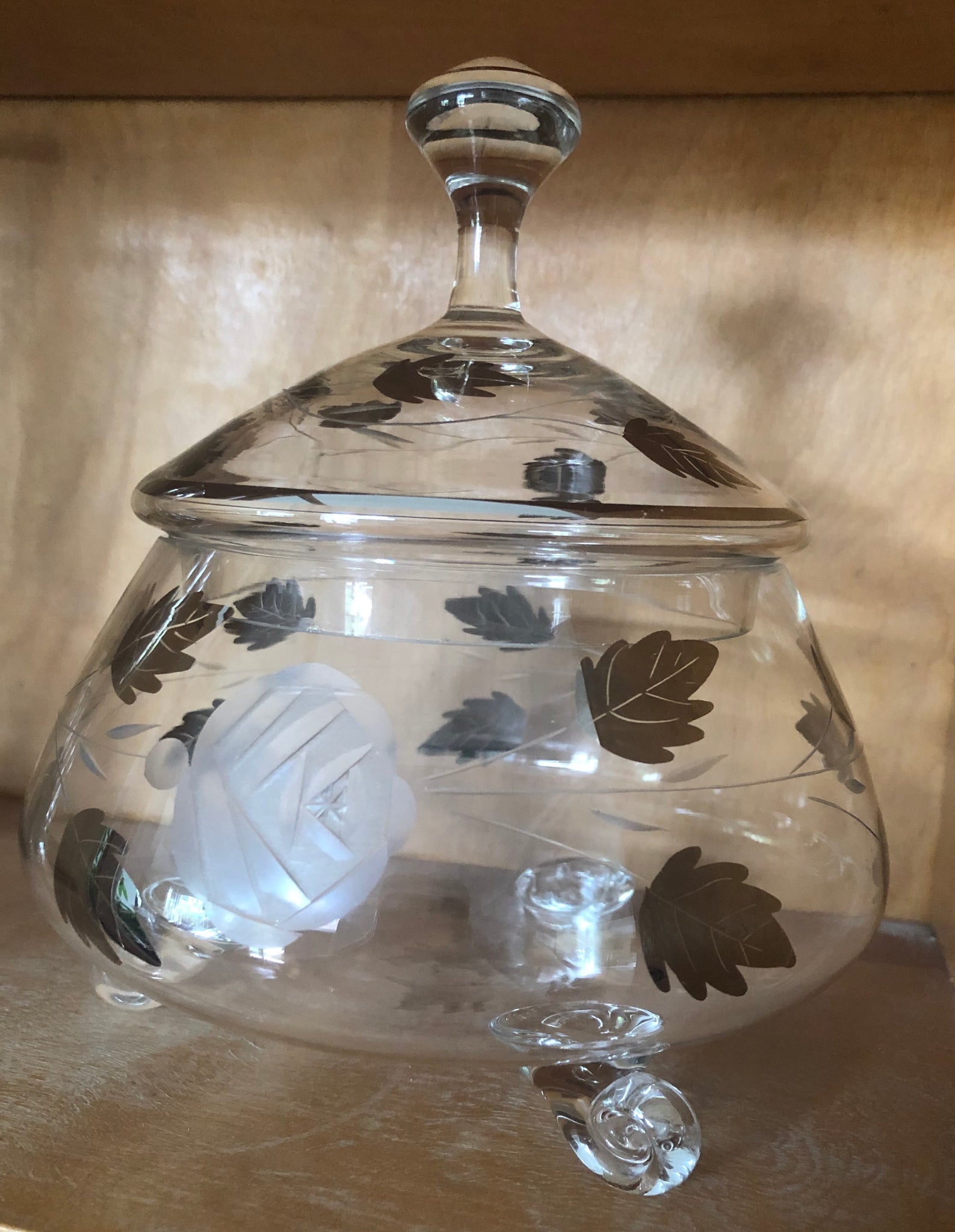 Vintage Czech Bohemia Etched Rose Crystal Footed Dish w/ Silver Leafs