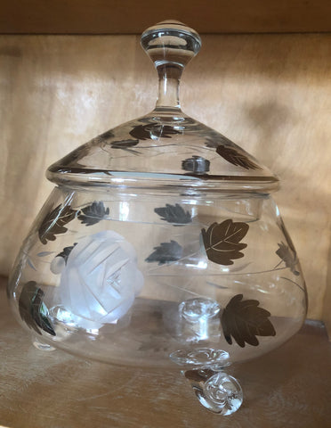Vintage Czech Bohemia Etched Rose Crystal Footed Dish w/ Silver Leafs