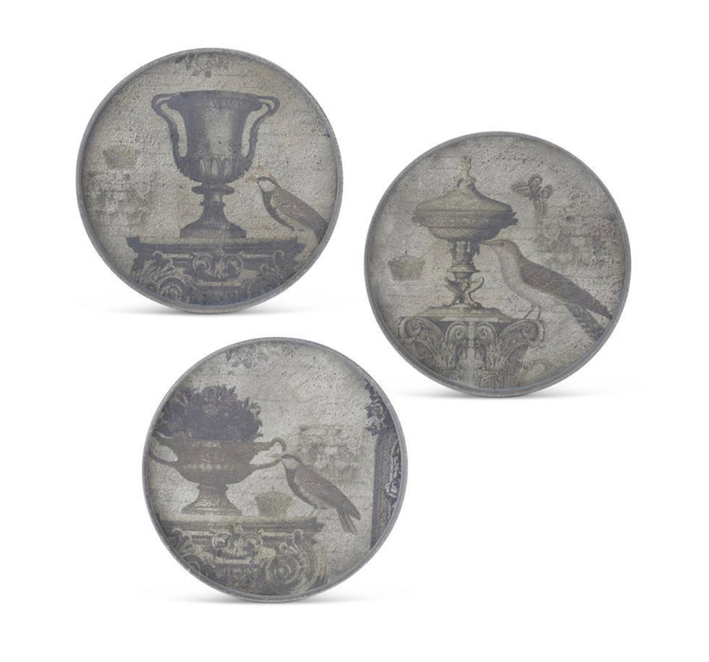 Round Grey Rimmed Bird w/ Urn Wall Plaque
