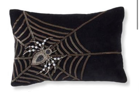 Black Velvet Pillow w/Chain Web & Beaded Spider