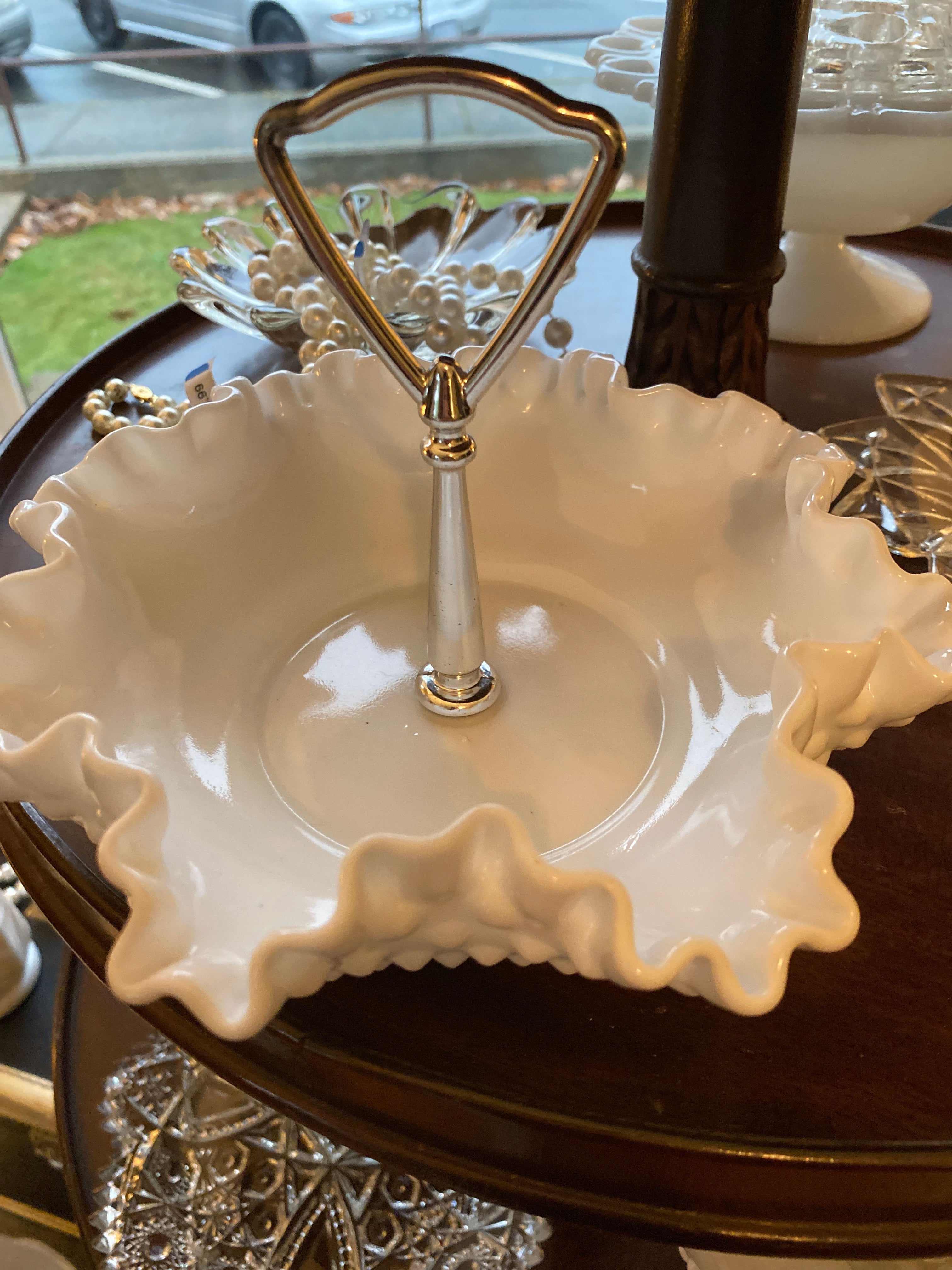 Fenton Nut/Candy Dish/Bowl White Milk Glass Hobnail w/ Chrome Handle