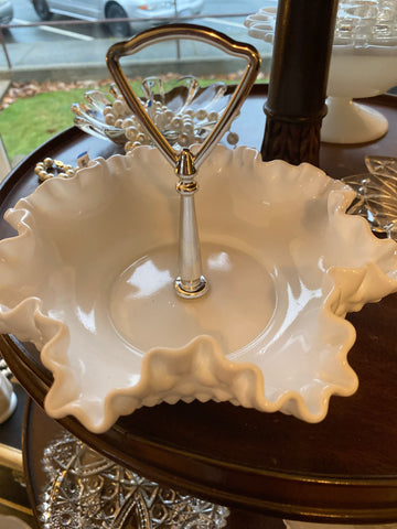 Fenton Nut/Candy Dish/Bowl White Milk Glass Hobnail w/ Chrome Handle