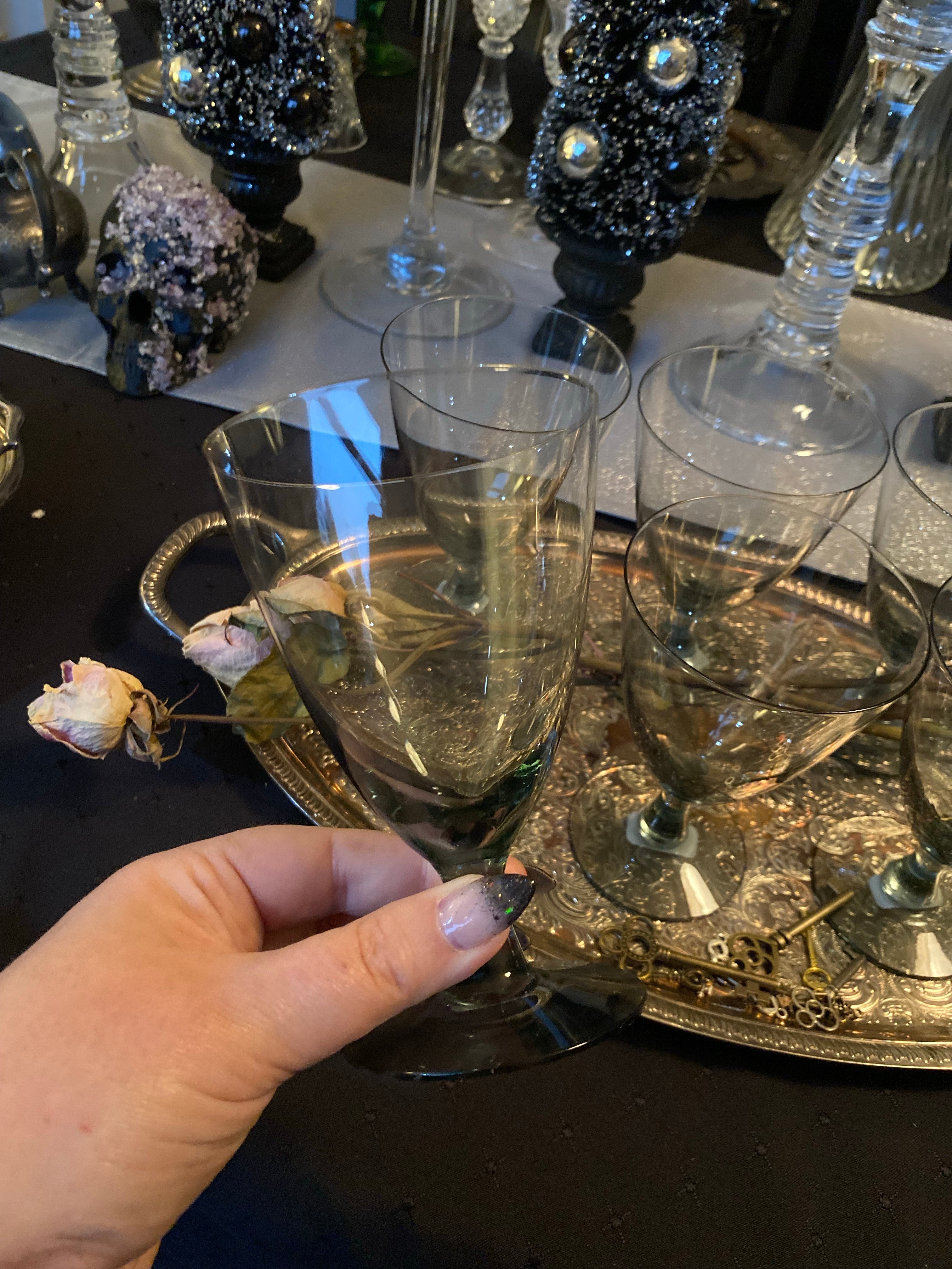 Vintage MCM Smoked Grey Stemmed Glasses (6)