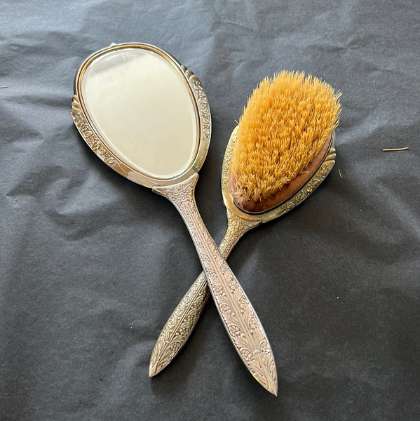 Vintage Silver Hand Mirror & Brush set w/ Rose