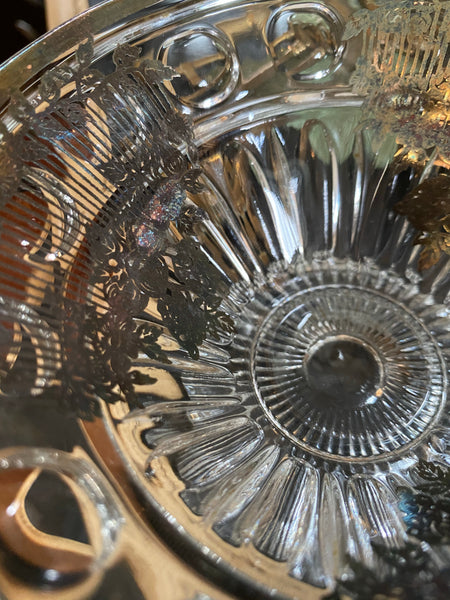 Clear Glass w/ Sterling Silver Overlay w/ a Ribbed Footed Bowl