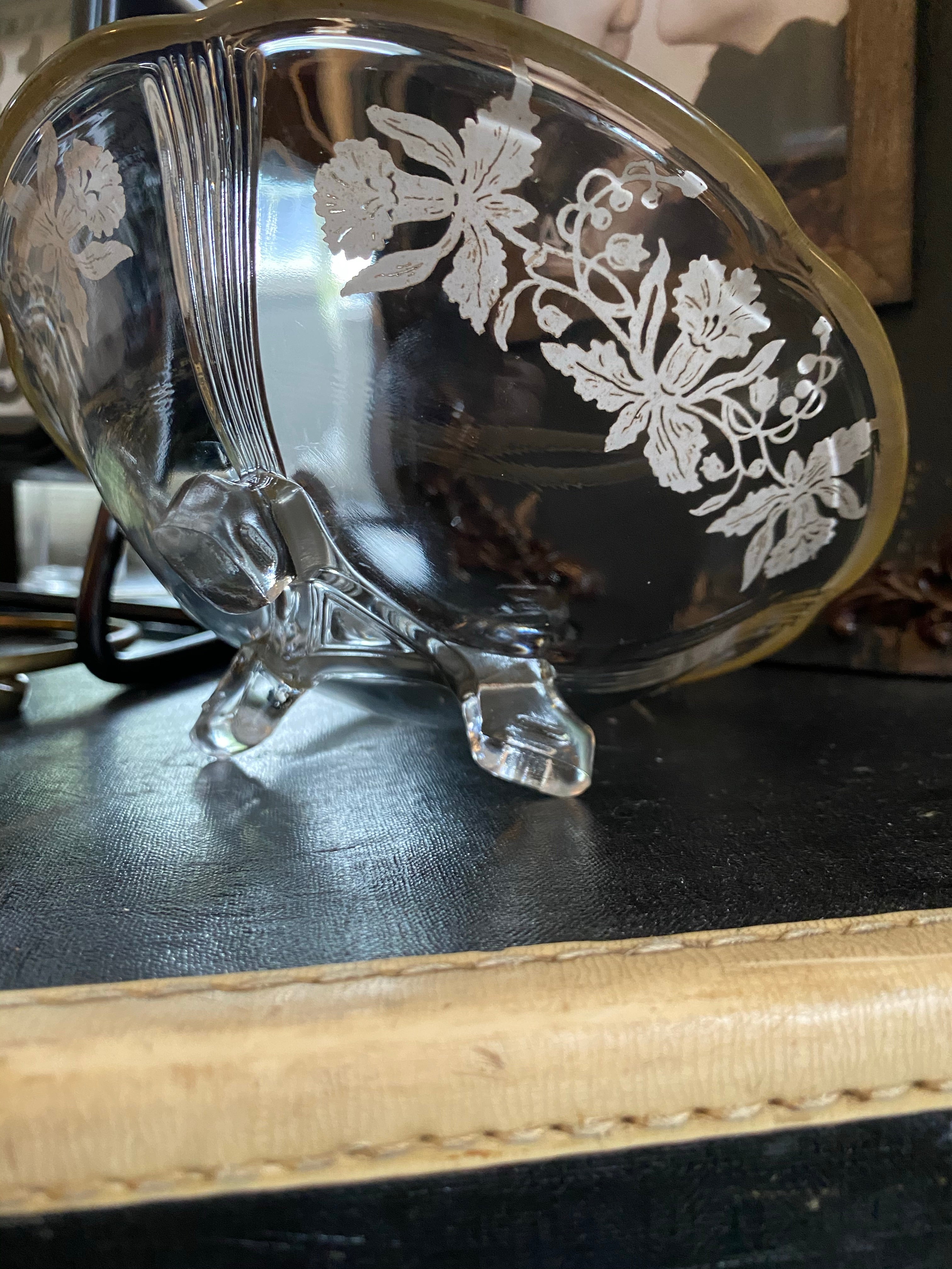 Clear Glass w/ Sterling Silver Overlay 3 Footed Bowl w/ Iris