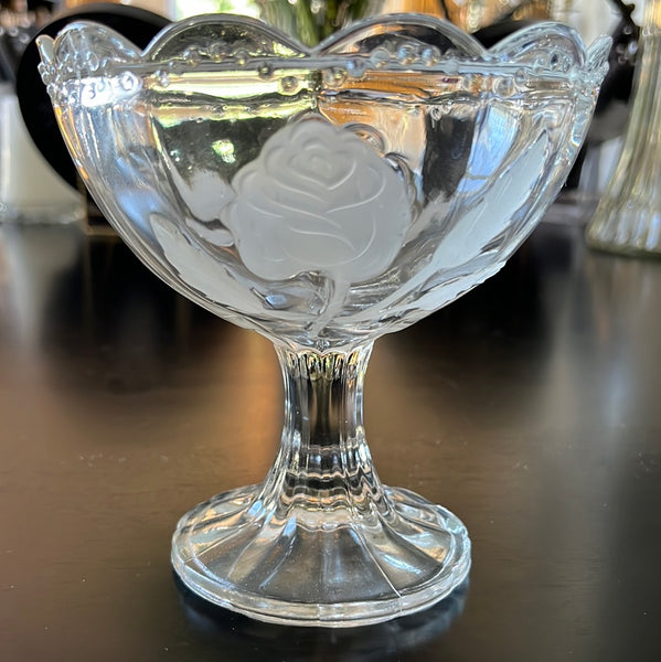 Frosted Rose Etched Footed Compote