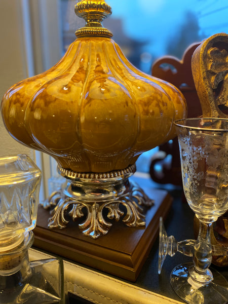 Vintage Lamp w/ Caramel Body & Gold Filigree Base