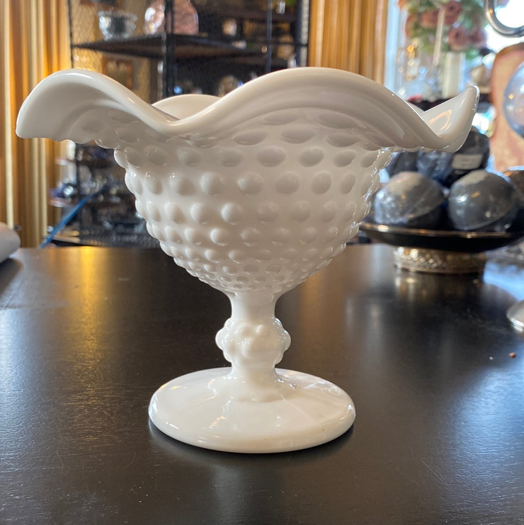 Vintage Imperial Hobnail Milk Glass Footed Flared Crimped Compote