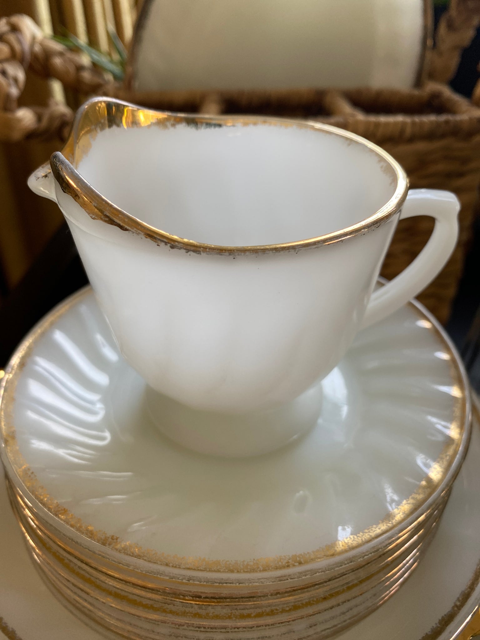 Anchor Hocking Fire King Footed Creamer Milk Glass w/ Gold Fade