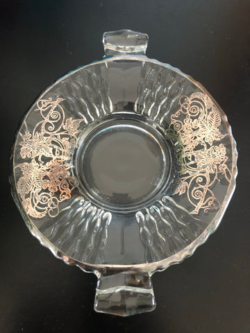 Clear Glass Depression Handled Dish w/ Silver Overlay
