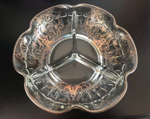Cambridge Glass Scalloped divided bowl w/ Silver Overlay