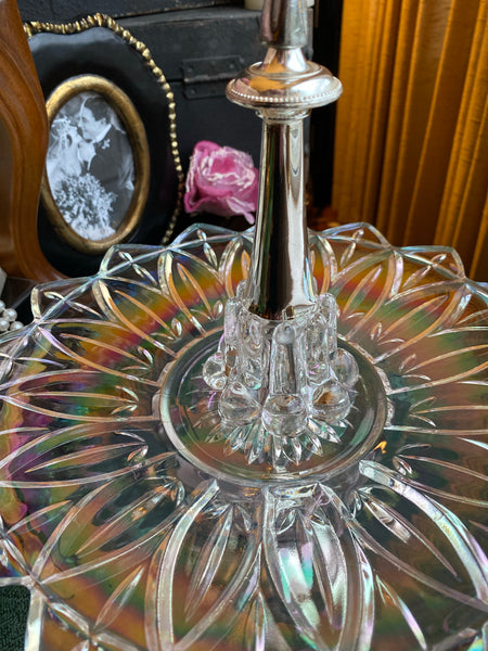 Vintage Iridescent Federal Glass Raised Tier Tidbit Tray Petal Pattern