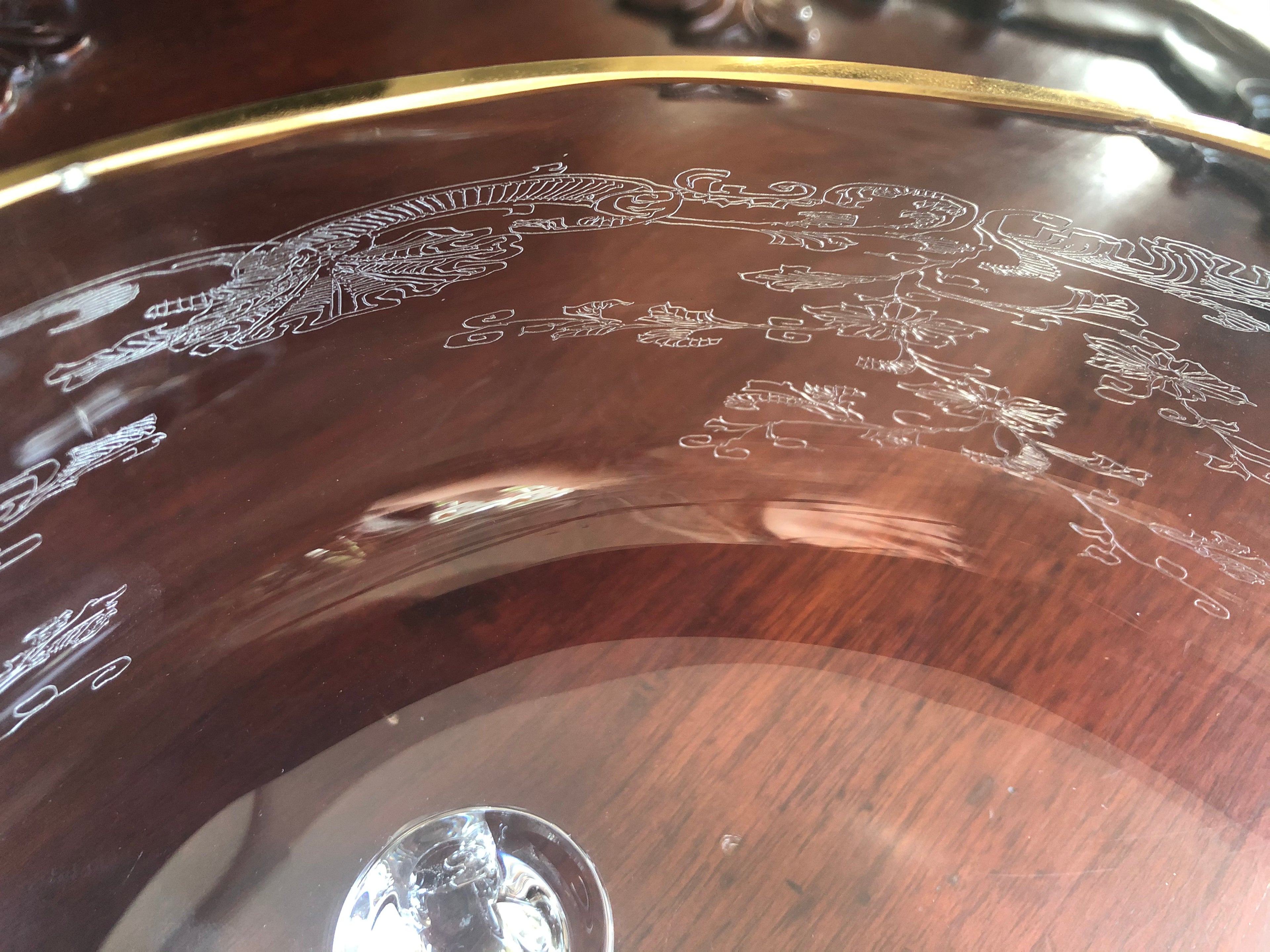 Vintage Czech Bohemia Crystal Etched Footed Bowl w/ gold trim
