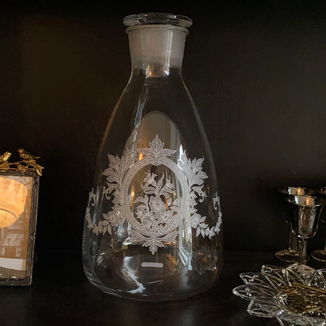Antique Clear Glass Flat Lidded Decanter w/ Etched Roses