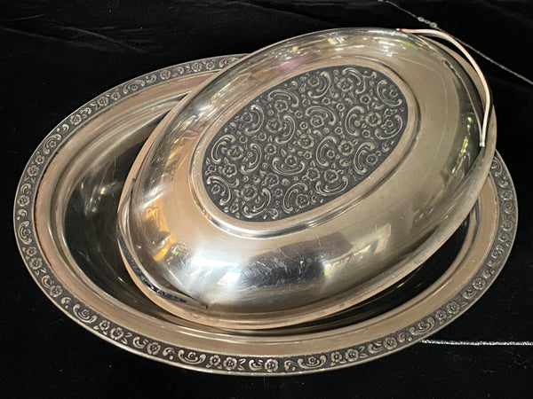 Vintage Stainless Oval Scroll Serving Dish