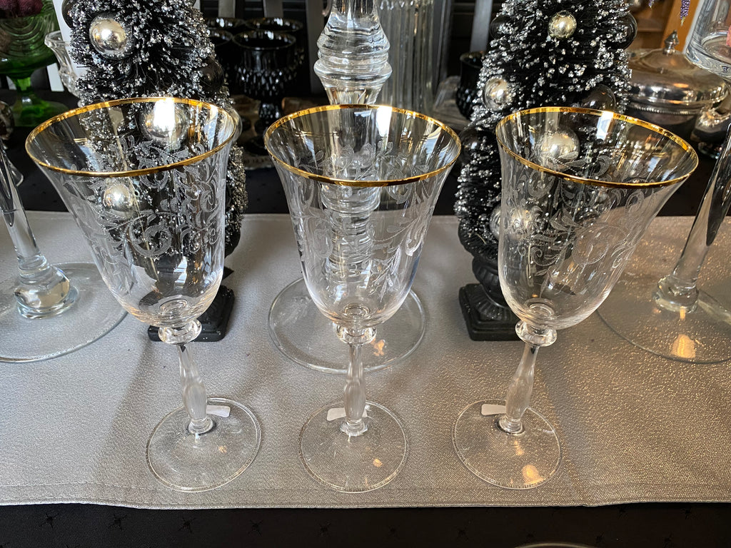 Vintage Rose Goblets Etched Cut Rose Crystal Wine Glasses 