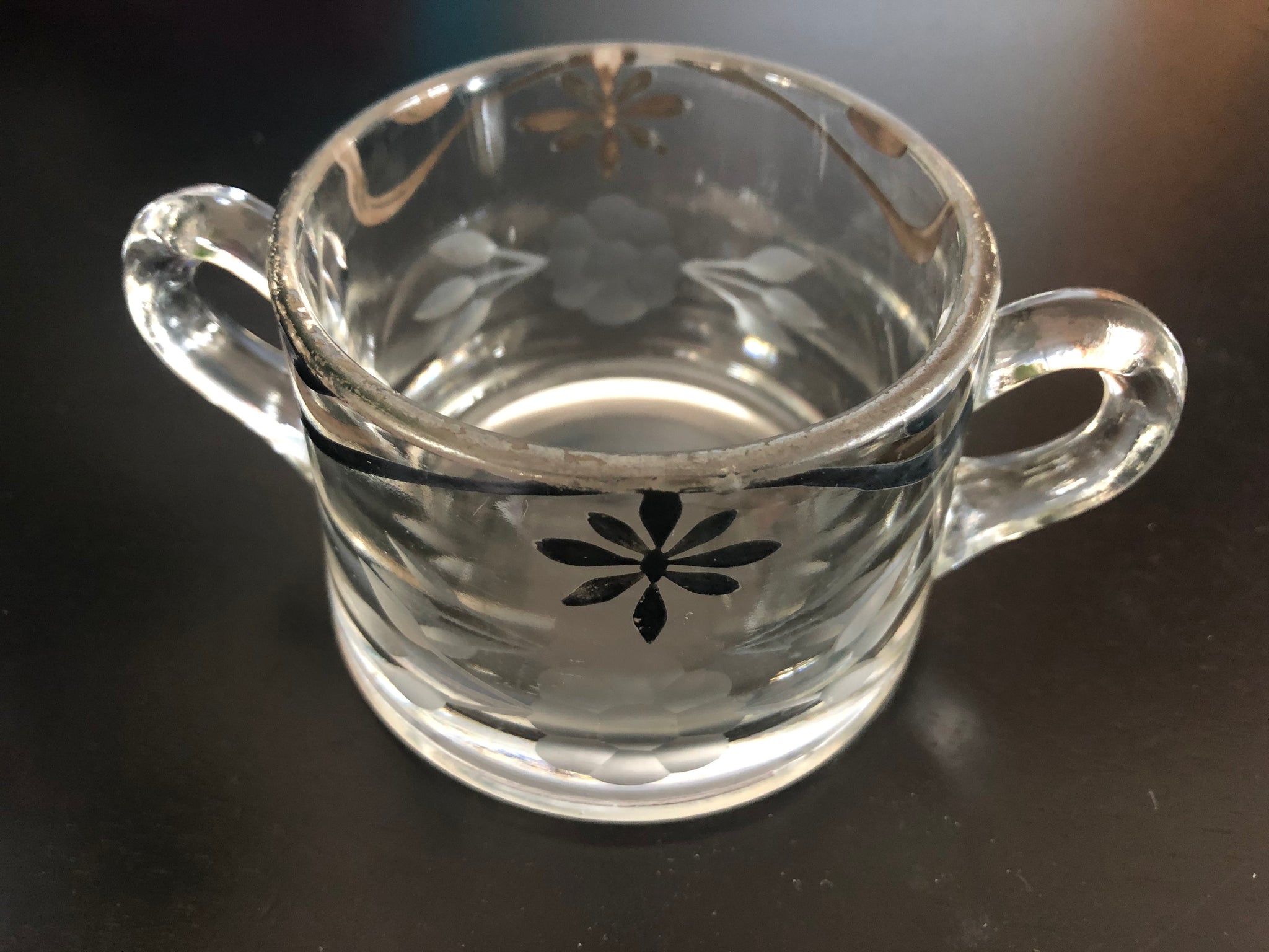 Clear Glass Depression Sugar Bowl w etched flower & black filigree