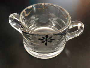 Clear Glass Depression Sugar Bowl w etched flower & black filigree