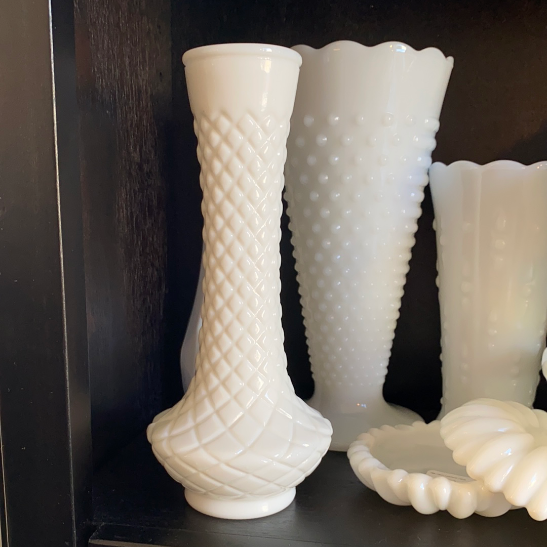 Vintage Milk Glass Vase Diamond Pattern