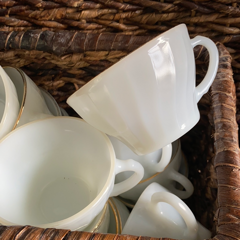 Anchor Hocking Fire King Tea Cup Milk Glass Swirl Golden Shell Lustre 2.5”