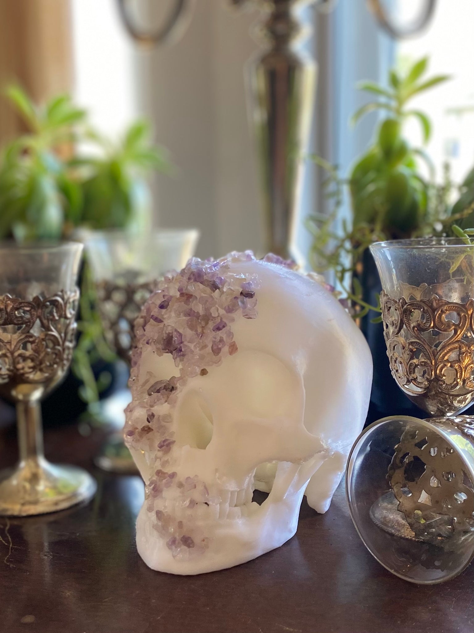 Small White Enviro Skull Encrusted w/ Amethyst