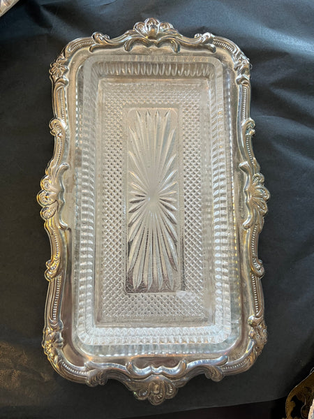 Vintage Silver Serving Tray With Glass Insert