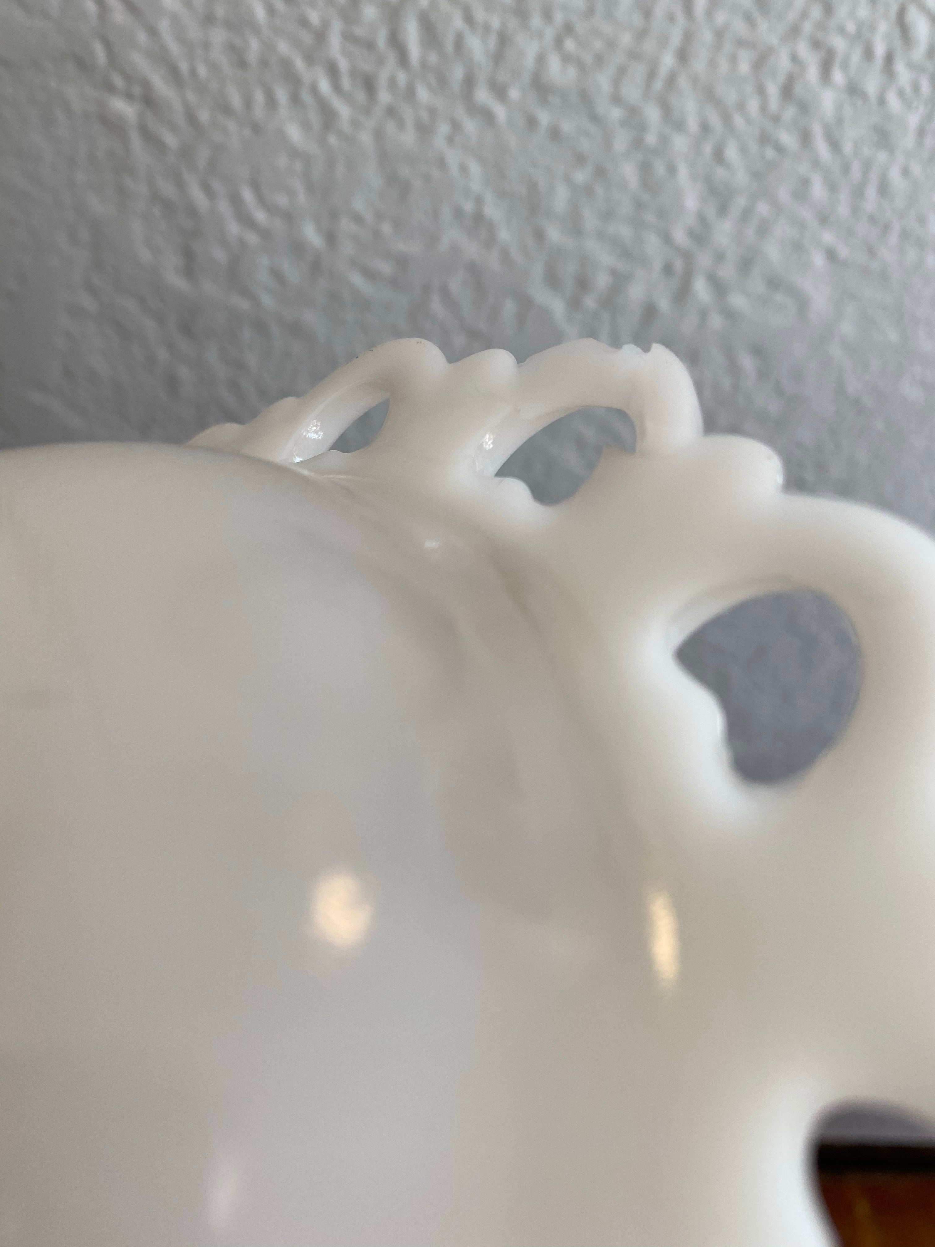 Anchor Hocking Milk Glass Ruffled Lace Edge Compote 7"