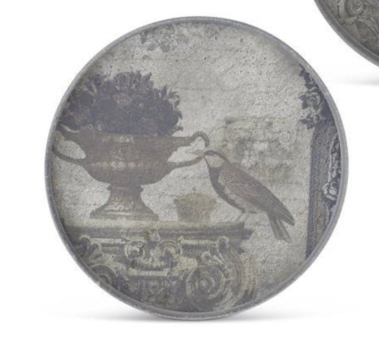 Round Grey Rimmed Bird w/ Urn Wall Plaque