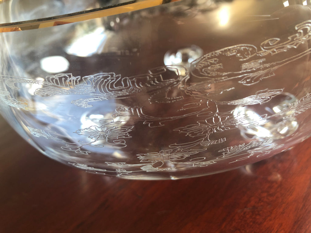 Vintage Czech Bohemia Crystal Etched Footed Bowl w/ gold trim