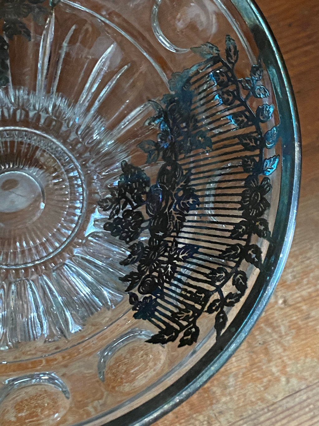 Clear Glass w/ Sterling Silver Overlay w/ a Ribbed Footed Bowl