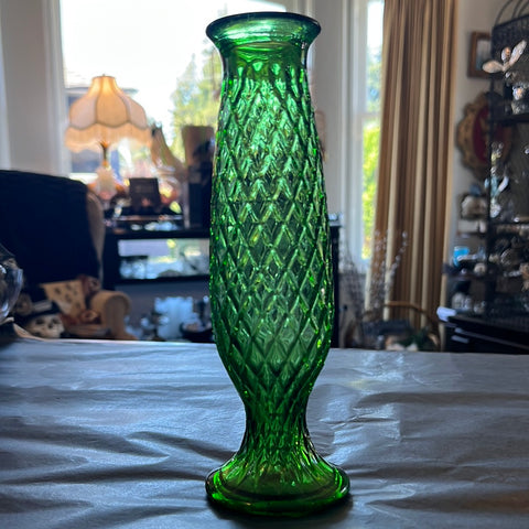 Vintage EO Brody Glass Co Cleveland Ohio Green Bud Vase Diamond Cut 8"