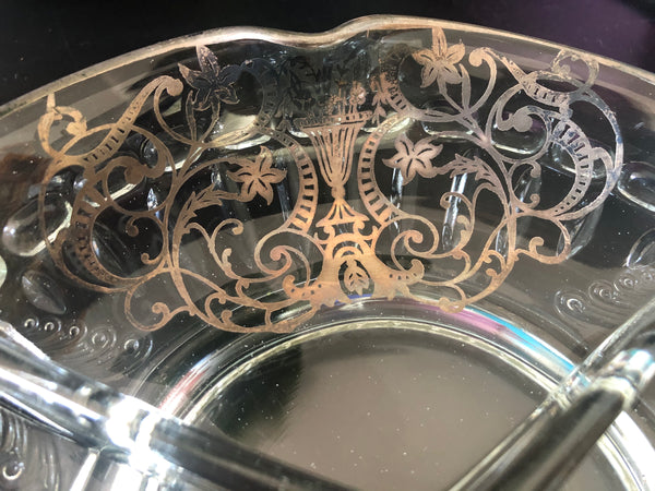 Cambridge Glass Scalloped divided bowl w/ Silver Overlay