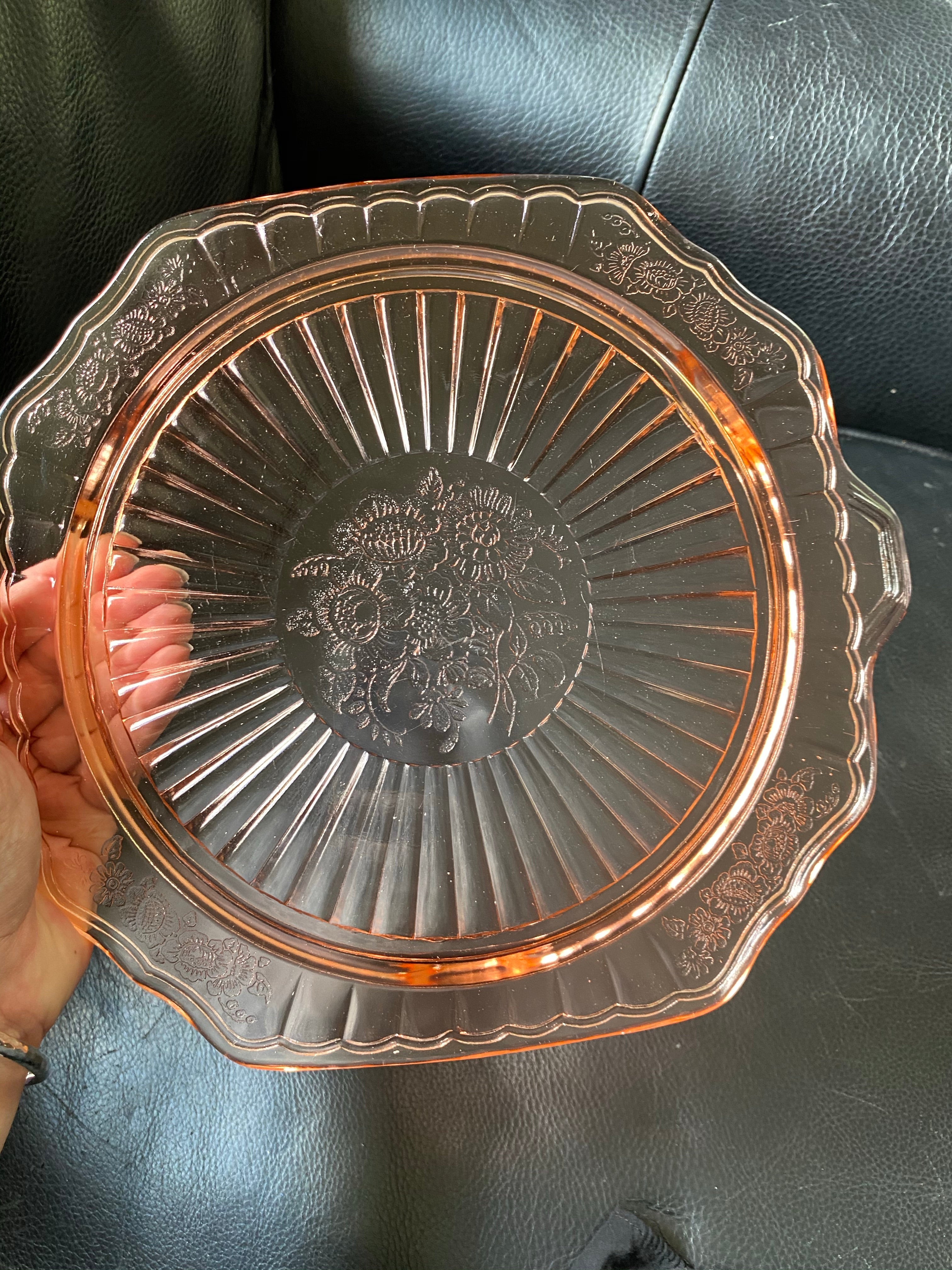 Pink Depression Glass Cake Plate Mayfair Open Rose