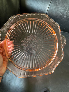Pink Depression Glass Cake Plate Mayfair Open Rose