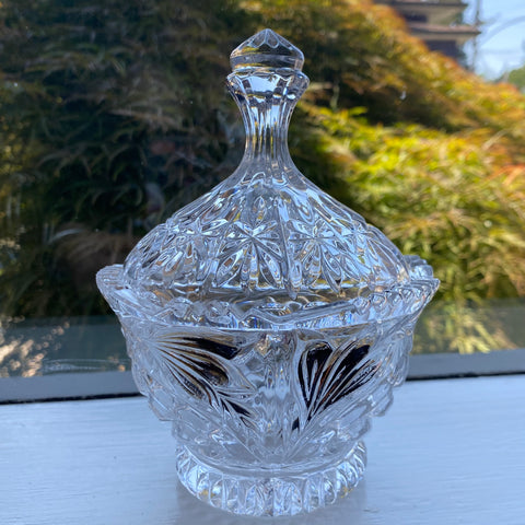 Vintage Cut Crystal Lidded Dish w/ Highlighted Gold