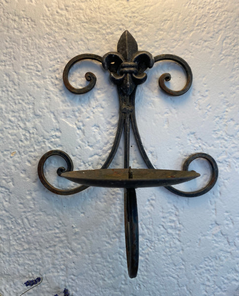 Black Wrought Iron Scroll Wall Candle Sconce w/ Fleur de Lis