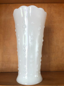 milk glass vase with scalloped edge and a raised drop design