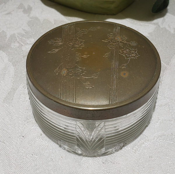 Vintage Art Deco Floral Design Footed Vanity Powder Glass Jar