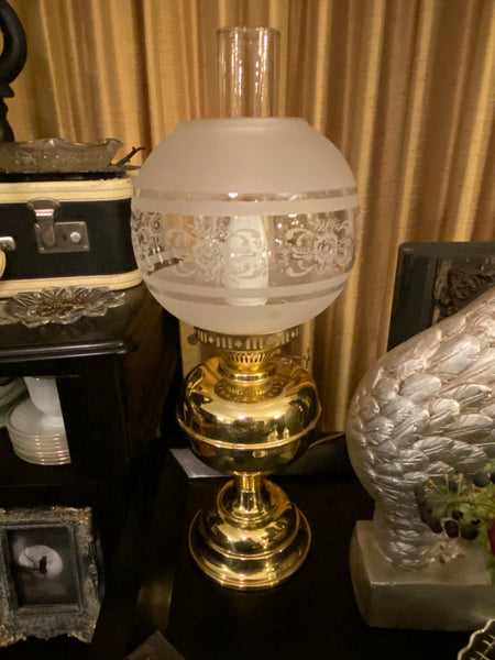 Vintage Brass Electric Hurricane Lamp w/ Etched Globe