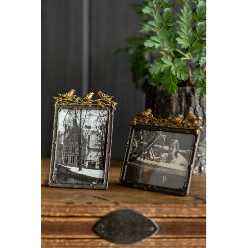 Vintage Inspired Vertical Pewter Frame w/ Gold Leaf Birds