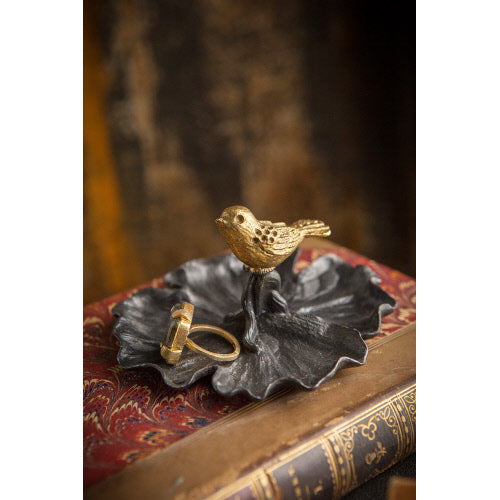 PEWTER JEWELRY DISH WITH GOLD BIRD